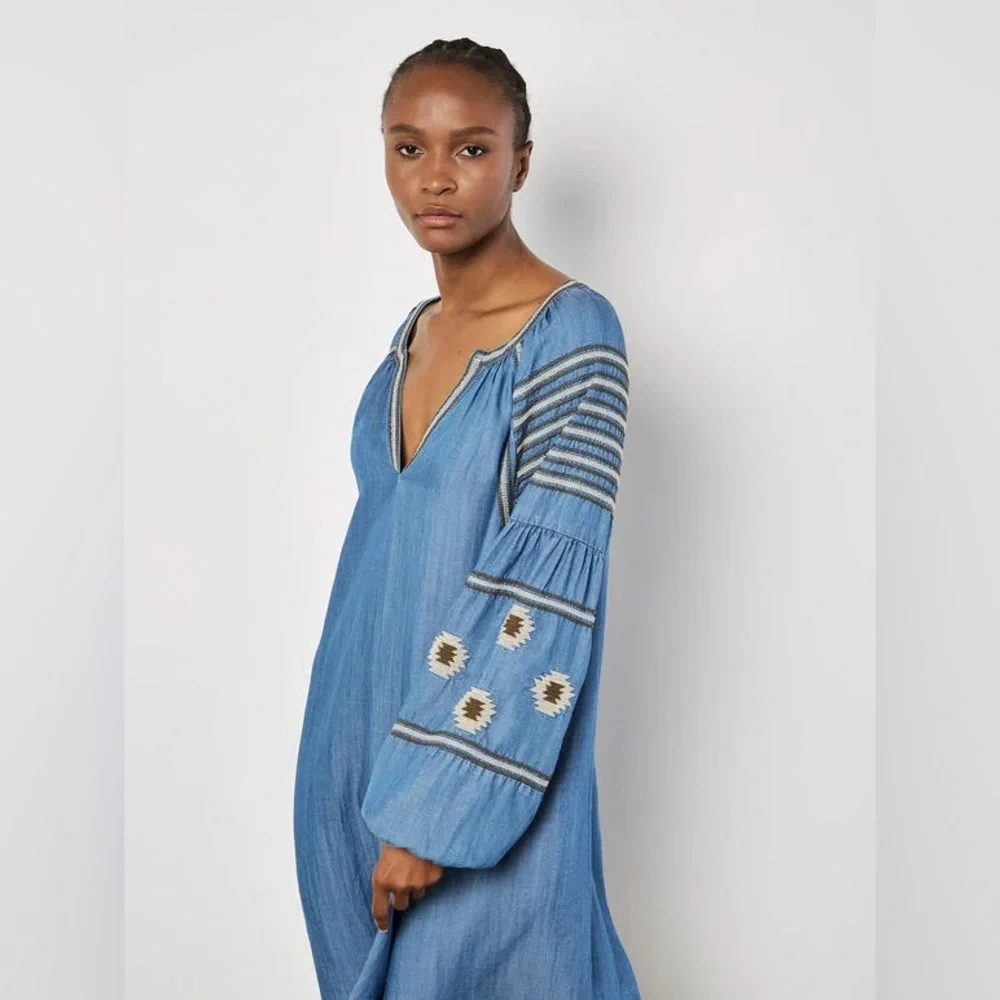 APRICOT 🍑- Blue Embroidered Long Sleeve V-Neck Dress - Picture 2 of 6